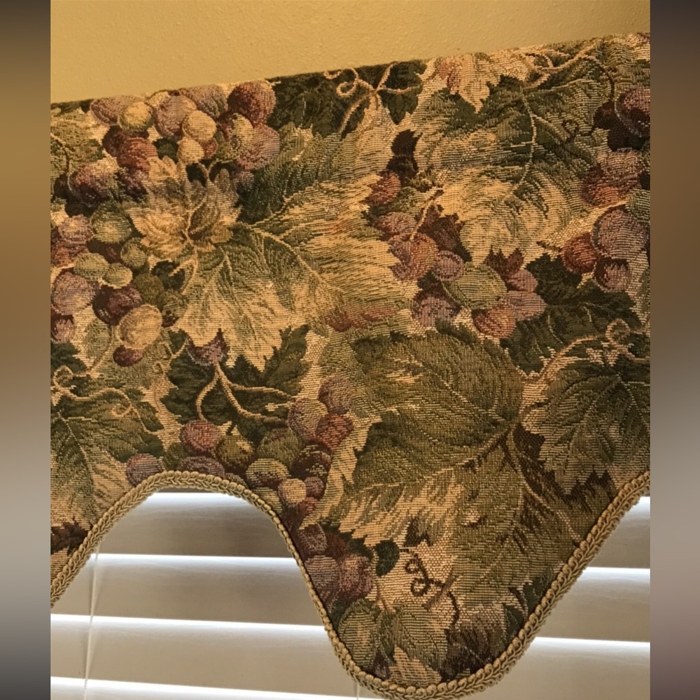 Scalloped valances, cotton canvas material. 3” rod pocket, 14”length/46” width.